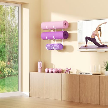 Yoga Mat Holder Wall Mount, 3-Tier Yoga Mat Storage Rack for Gym, White - color: White