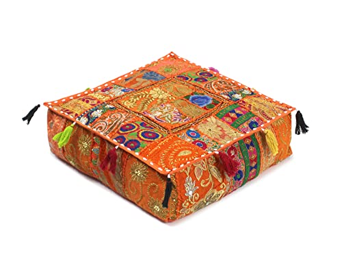 Mam Treasures Indian Bohemian Decorative Pillow Vintage Cushion Cover Patchwork Square Floor Pillow Cover Meditation Cushion Large Floor Pillow Indian Cushion (Orange, 18 X 18 X 5 Inch) - color: Orange, size: 18" x 18" (Pack of 1)