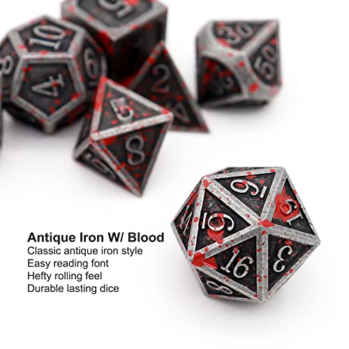 Haxtec Metal DND Dice Set, 7 Pcs Bloodstained Polyhedral Dice for RPG | Blood D&D Dice with Leather Bag, Compatible with Dungeons and Dragons, Heavy Metallic, Halloween Dice, TTRPG Gifts - color: Iron Red