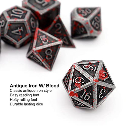 Haxtec Metal DND Dice Set, 7 Pcs Bloodstained Polyhedral Dice for RPG | Blood D&D Dice with Leather Bag, Compatible with Dungeons and Dragons, Heavy Metallic, Halloween Dice, TTRPG Gifts - color: Iron Red