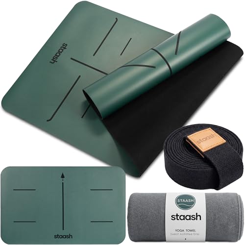 STAASH Premium Yoga Set – PU & Natural Rubber Mat + Towel + Strap + Knee Pad – Non-Slip Grip, Eco-Friendly, Studio Quality - color: Forest green