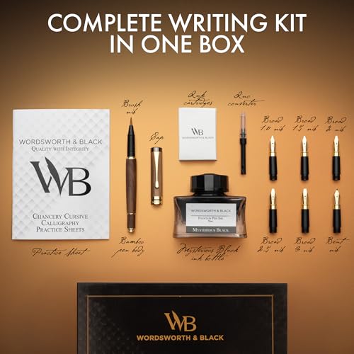 Wordsworth & Black Luxury Bamboo Brown Calligraphy Pen Set, 6 Nibs | Fountain Ink Bottle, Cartridges , Refill Converter, Gift for Men , Women, Smooth Writing, Journaling , Lettering - color: Brown Wood