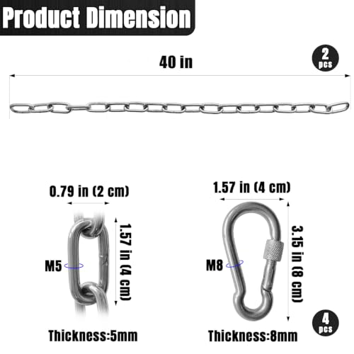 2Pcs 40" Heavy Duty Swing Chain Stainless 4 Spring Hooks Porch