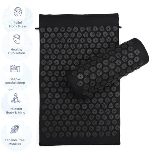 Acupressure Mat and Pillow Set for Back/Neck Pain Relief and Muscle Relaxation (Black/Black)