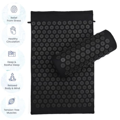 Acupressure Mat and Pillow Set for Back/Neck Pain Relief and Muscle Relaxation (Black/Black)