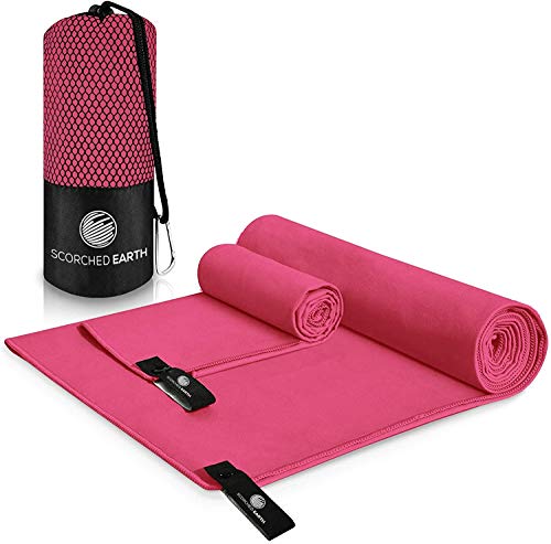 ScorchedEarth Microfiber Travel & Sports Towel Set - Quick Dry, Super Absorbent, Compact, Lightweight - for Camping, Backpacking, Hiking, Beach, Yoga, Swimming - Includes 2 Sizes + Carrying Bag & Clip - color: Rose Pink, size: Medium Set (20x40” & 12x24”)