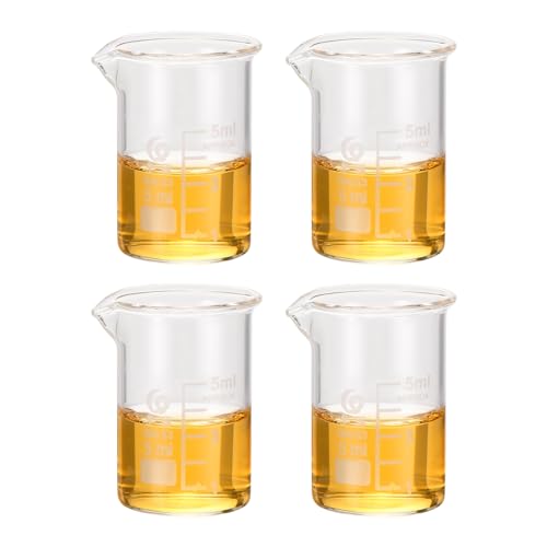 PATIKIL 5ml Low Form Glass Beaker, 4Pcs 3.3 Borosilicate Glass Beakers Graduated Measuring Cup with Spout for Lab Experiment, Cooking and Baking, Clear - size: 5ml