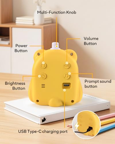 199 Min Visual Timer for Kids, 2 Min teenth Brushing, Cute Bear Deign | Adjustable Sound Alert, Productivity Timers for ADHD, Silent Operation, Desk Time Management Tool for Toddler - color: Yellow