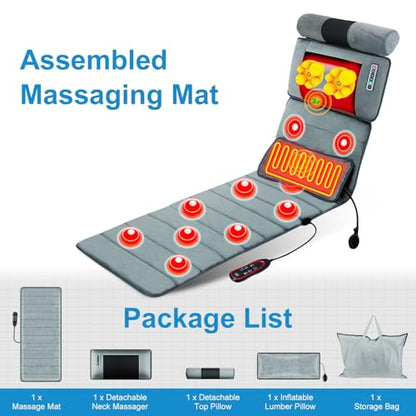Full Body Massage Mat with Heat, Gifts for Mother Mom, Vibration Massage Pad for Bed, 10 Vibration Motors 3 Timers, Back Mattress Chair Pad with Neck Massager Lumbar Pillow - size: 68.9x14.57x8.57in