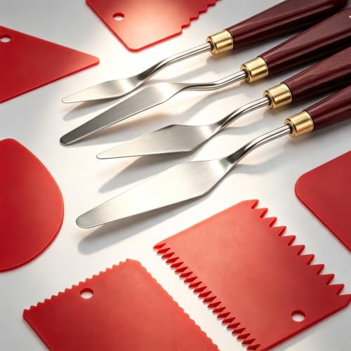 11Pcs Palette Knives Stainless Steel & Plastic Scrapers for Oil Acrylic Art | Stainless steel palette knives, plastic scrapers, 11-piece set flexible blades wood handle oil acrylic painting color mixing