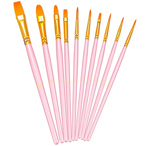 BOSOBO Paint Brushes Set, 10 Pieces Round Pointed Tip Paintbrushes Nylon Hair Artist Acrylic Paint Brushes for Acrylic Oil Watercolor, Face Nail Body Art, Miniature Detailing & Rock Painting, Pink - color: Pink, size: 1 Pack