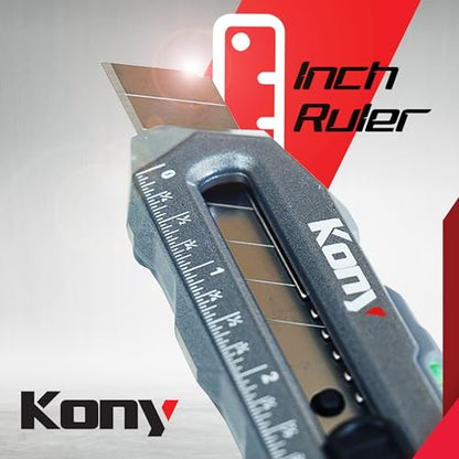 Kony Heavy-Duty Retractable Utility Knife, 18mm Snap-Off Box Cutter | 10 Extra SK5 Blades, Aluminum Body, Ruler & Bubble Level, For Cardboard, Carpet, Crafts & DIY