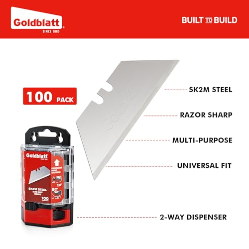 Goldblatt 100-Pack Utility Blades with Tempered SK2M Steel | Double-honed Edges Deliver Lasting Sharpness for Cutting Cardboard, Leather, Linoleum, Rope, and More, Dispenser Included