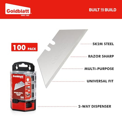 Goldblatt 100-Pack Utility Blades with Tempered SK2M Steel | Double-honed Edges Deliver Lasting Sharpness for Cutting Cardboard, Leather, Linoleum, Rope, and More, Dispenser Included
