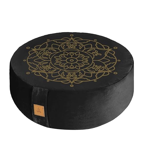 Embroidered Meditation Pillow D=16" H=5.5" Round Velvet Meditation Cushion Yoga Bolster Floor Pouf Zafu Natural Buckwheat hulls Sitting on Floor Removable Organic Cotton Cover Large Kneeling Pillow - color: Black & Yellow