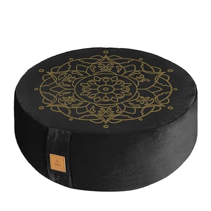 Embroidered Meditation Pillow D=16" H=5.5" Round Velvet Meditation Cushion Yoga Bolster Floor Pouf Zafu Natural Buckwheat hulls Sitting on Floor Removable Organic Cotton Cover Large Kneeling Pillow - color: Black & Yellow