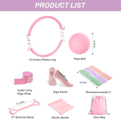 Luscinia Pilates Kit,Home Pilates Ring Kit for Women,Pilates Equipment Ring and Ball Set with Pilates Ring, Pilates Ball, Resistance Bands, Figure 8 Band & Accessories Pilates Starter Kit - color: Pink