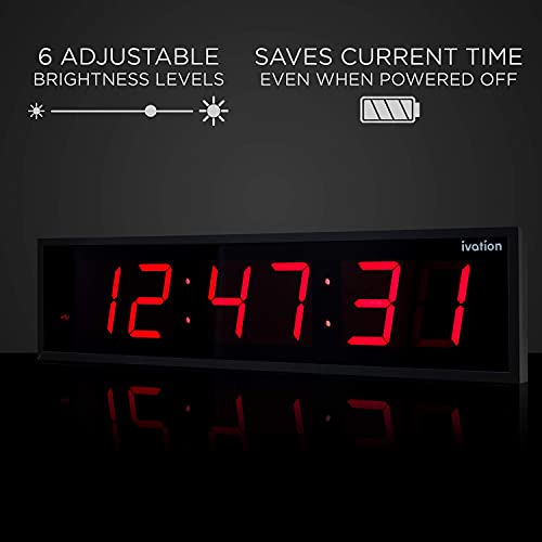 Ivation Oversized Digital Wall Clock with Large LED Display & Timer, 24" | Multi-function with Timer, Stopwatch, Alarms, Temp & Date, Aluminum frame, 6 Brightness levels, Time memory, Remote | Red - color: Red, size: 24" Inch