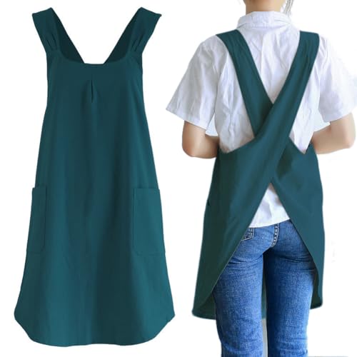 NEWGEM Japanese Cotton Linen Cross Back Cooking Apron for Women Men with Pockets Cute for Baking Kitchen - color: 07 - Women's Dark Green