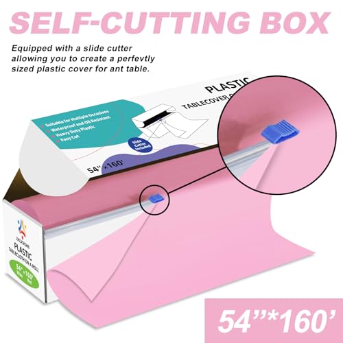 54IN X 160FT Plastic Table Cover Roll with Cutter Box, Cut to Size Plastic Table Cloths for Parties, Birthday, (Pink, 54"x1920") - color: Pink, size: 1920" x 54" (Rectangular)