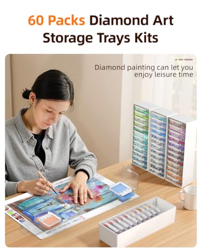Redtwo 60 PCS Diamond Painting Storage Containers Trays, White | 3-in-1 Diamond Painting Trays with Lids, Detachable Trays, 5 Adjustabe Racks, Diamond Art Accessories, Diamond Art Storage - color: White