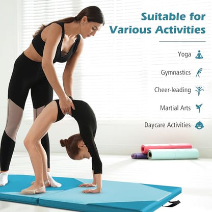 Giantex 4'x10'x 2" Gymnastics Mat, 4-Panel Folding Aerobics Exercise Mat w/Hook & Loop Fastener, Carrying Handle, Portable Tumbling Mat for Stretching Yoga Cheerleading Martial Arts - color: Light Blue/Blue
