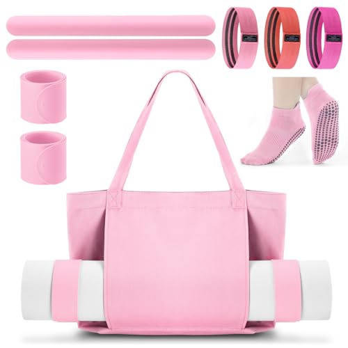 Halloscume Yoga Mat Bag Set for Women Including Yoga Tote Bag (Without Mat) Booty Resistance Bands Non Slip Sports Socks Silicone Ties for Pilates Travel Workout Office Home Gym - color: Pink