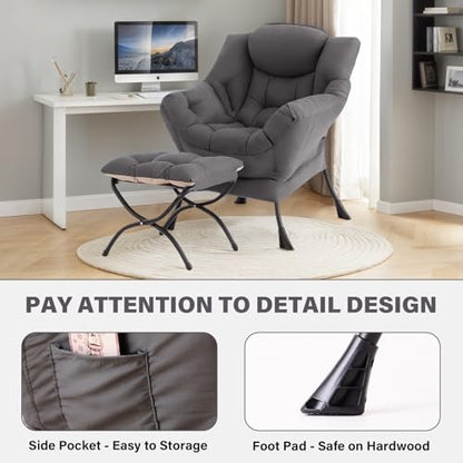 Tiita Lazy Chair with Ottoman, Comfy Reading Accent Chair, Dark Grey | Foldable Footrest, Padded Seat and Backrest, Side Pocket for Lounging in Living Rooms, Bedrooms, Dorms and Small Spaces - color: Dark Grey