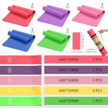 Hoolerry 36 Pieces Yoga Mats Sets Includes 12 Pcs Yoga Mats Bulk 68” x 24” x 6mm Thick Exercise Mat Non Slip 12 Resistance Bands 12 Carrying Straps for Women Girls for Gym Pilates - color: Bright Colors
