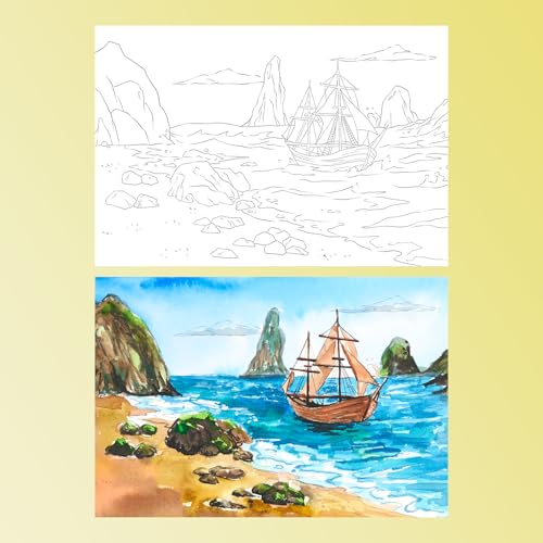 Lightwish Watercolor Coloring Book for Adults & Beginners,100% Cotton 300gsm/140lb Acid-Free Hot Press Paper, 8.3 x 5.6 Inches,15 Sheets,Landscape-Themed - color: Landscape-Themed