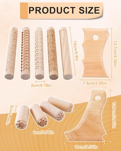 6" Wooden Clay Texture Roller Set with Stamp Rollers & Rib Tools, 11PCS | Crafted From Premium Beech Wood For Polymer Clay, Pottery, Ceramic Crafts With Deep Geometric & Floral Patterns - size: 5+4+2
