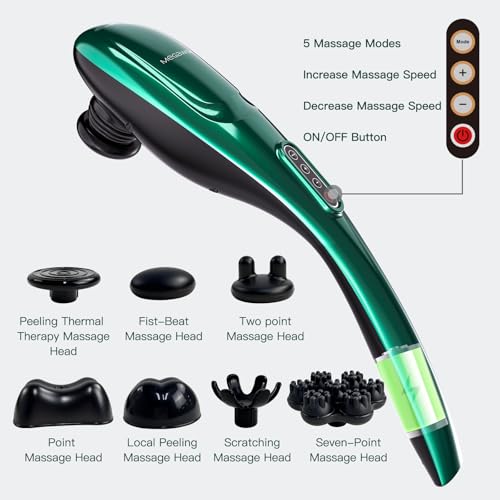 MEGAWISE Cordless Handheld Back Massager w/Rechargeable 3200mAh Battery, 5 Speed and 5 +2 Massage Nodes with Hard, Medium and 2 Soft Silicone Nodes; Massage While Moving Around (Dark Green) - color: Dark Green