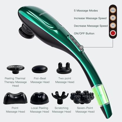 MEGAWISE Cordless Handheld Back Massager w/Rechargeable 3200mAh Battery, 5 Speed and 5 +2 Massage Nodes with Hard, Medium and 2 Soft Silicone Nodes; Massage While Moving Around (Dark Green) - color: Dark Green