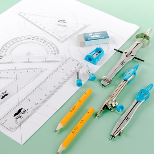 Mr. Pen 13 Piece Geometry Set with Shatterproof Storage Box, Blue | 45° & 30°/60° Set Squares, Pencils, Lead Refills, Sharpener & Eraser for Math, Drafting & Classroom Use - color: Blue