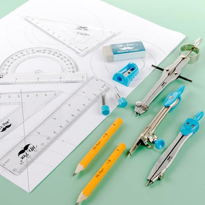 Mr. Pen 13 Piece Geometry Set with Shatterproof Storage Box, Blue | 45° & 30°/60° Set Squares, Pencils, Lead Refills, Sharpener & Eraser for Math, Drafting & Classroom Use - color: Blue