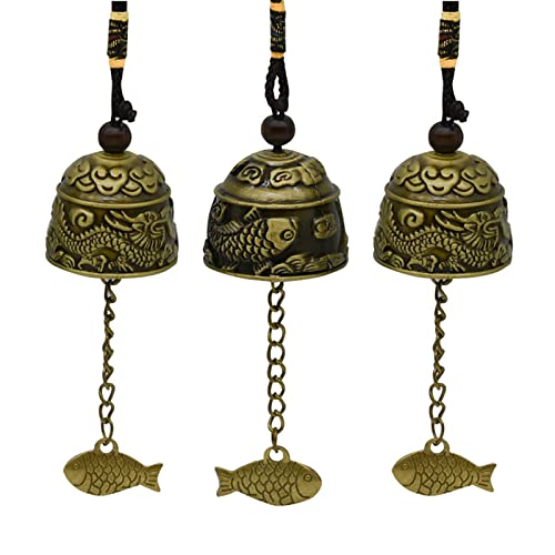 3Pcs Vintage Dragon Bell Bronze Fish Carved Feng Shui Bell