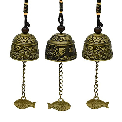 3Pcs Vintage Dragon Bell Bronze Fish Carved Feng Shui Bell