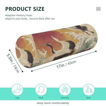Bolster Pillow Neck Pillow Round Soft Health Memory Foam Pillows Long Cylindrical Body Pillow with Removable Cover Cute Back Yoga Cranes Sunset and Red Lotus 17" x 5.5" - color: Cranes Sunset and Red Lotus