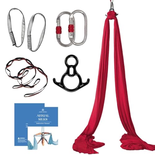 Aerial Silks Starter Kit, 9 Yards, Aerial Yoga Hammock, Hardware | Knitted fabric with pose guide, for aerial yoga, gymnastics, silk swing, stretching and home gym use, suitable for all levels - color: Plum