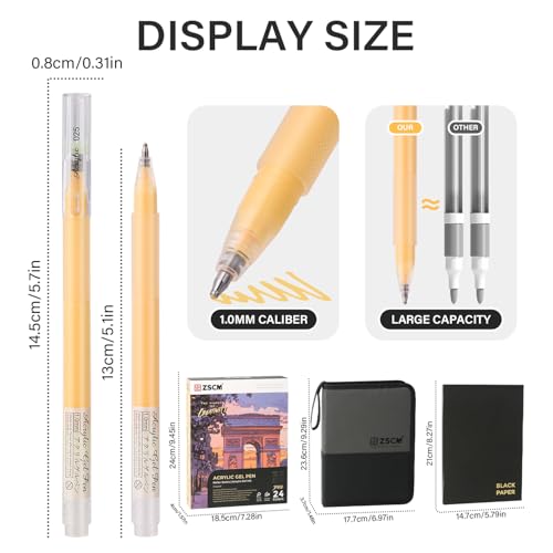 ZSCM 24 Colors 3D Acrylic Gel Pens & Black Paper Sketchbook for Drawing | 1mm Fine Point Acrylic Ink Pen, Opaque Archival Bright Ink Pens for Black Paper Drawing, Sketching, Illustration, Card Making - color: 24 Packs-Dull