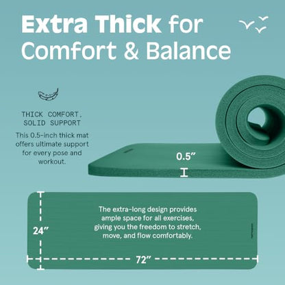 Retrospec Solana Yoga Mat Thick 1/2in Non-Slip Workout Mat with Nylon Strap - 72x24in Exercise Mat for Pilates, Stretching & Fitness - BPA Free, Easy Clean - color: Elm Green