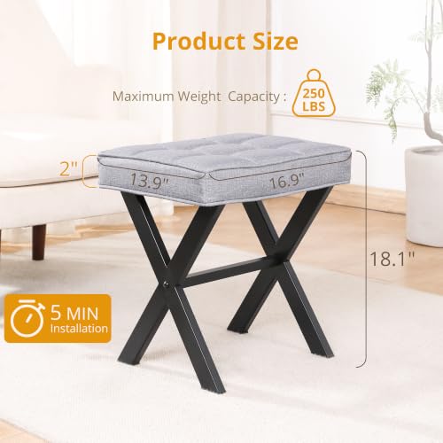 LUE BONA Vanity Stool - Square Linen Makeup Seat With Metal X Legs, Small Ottoman Chair for Makeup Room, Living Room, Bathroom - Modern Padded Foot Rest, Dark Gray - color: Dark Gray