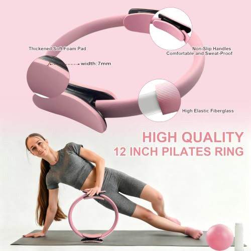 KANGFITER Pilates Equipment Kit for Home Workout, Pilates Ring and Ball Set with Adjustable Ankle Wrist Weights, Resistance Bands, Tape Measure, Bag, Pilates Essentials Accessories for Women Yoga - color: Pink Pro