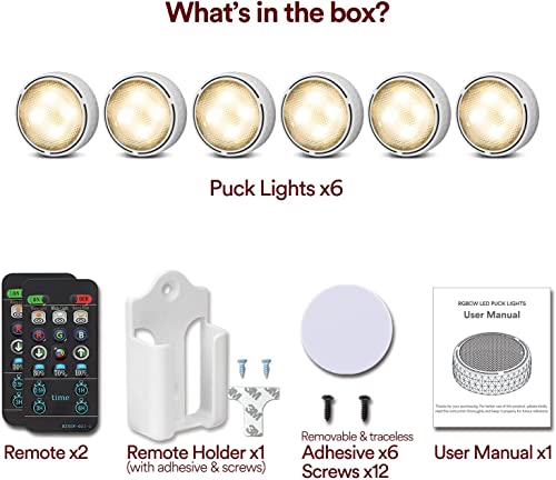 Onumii LED Puck Lights Battery Operated LED Under Cabinet Lighting Wireless Stick on Tap Lights with Remote Controll Color Changing Timer Function for Cabinets, Shelves, Closets - 6Pack White | 3x1.2in, Wireless, Adhesive Stick on, Push Tap for Cabinet, K
