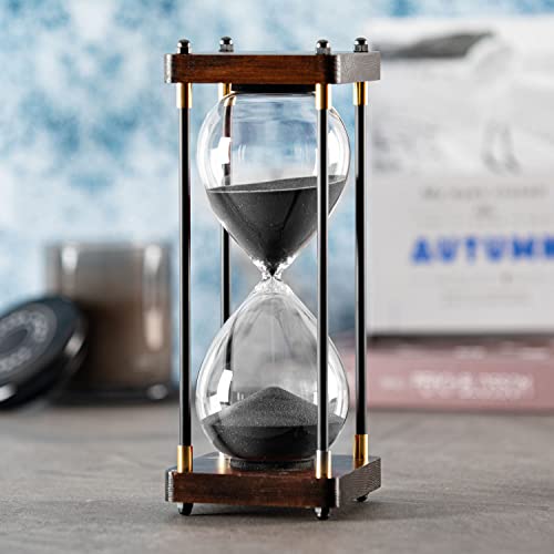 SAMLONG Large Hourglass Timer 60 Minute, Decorative Wood Sand Timer, Black | 1 Hour Metal Sand Clock, Modern Office Home Décor - color: Black Sand