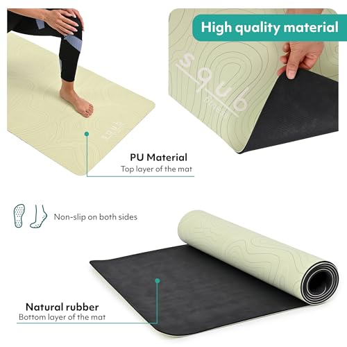 Yoga Mat Thick 5mm – Non Slip Exercise Mat Workout Surface, PU Natural Rubber Grip, Extra Large 183x68 cm Wide Design, Pilates Fitness Training, Includes Strap & Carry Bag - color: LIGHT MINT