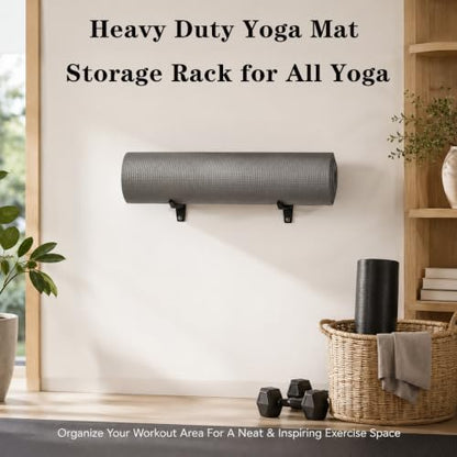 Heavy Duty Yoga Mat Holder Wall Mount & 2 Clip - for All Yoga Pilates | Yoga Mat Holder, Hanging Exercise Mat Storage Rack for All Fitness Mats, Space Saving(<20 lbs)