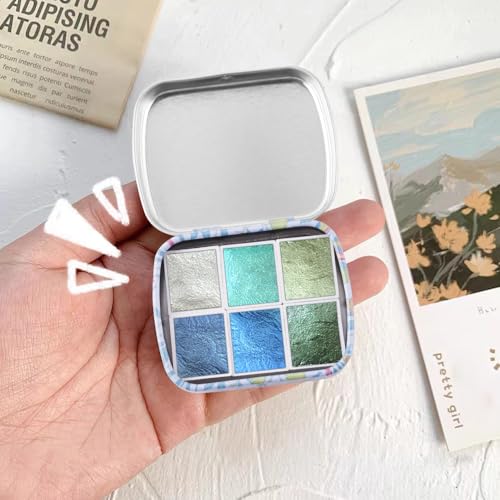 Art Supplies Handmade Watercolor Paint Set - 6 Metallic Gold Colors Half Pans Glitter Solid Water Color- Metal Case Sparkle Pearlescent Watercolour for Artists. White Blue - color: Solid Pigments-white Blue
