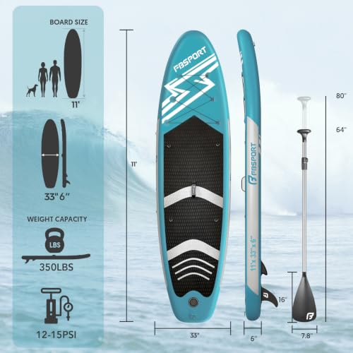 FBSPORT 11' Premium Stand Up Paddle Board, Yoga Board with SUP Accessories & Carry Bag | Wide Stance, Surf Control, Non-Slip Deck, Leash, Paddle and Pump for Youth & Adult - color: Lake Blue