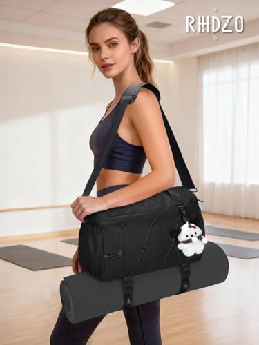 RHDZO Small Gym Bag for Women with Yoga Mat Holder and Wet Pocket, Black | Mini Duffle Bag for Men, Yoga Bags with Barbell Pad Holder, Water Bottle Holder, Sports Travel Workout Dance, Luggage Strap - color: Black